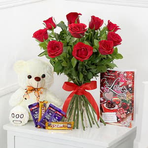 12 Red Roses Bouquet with Chocolates and Soft Toy